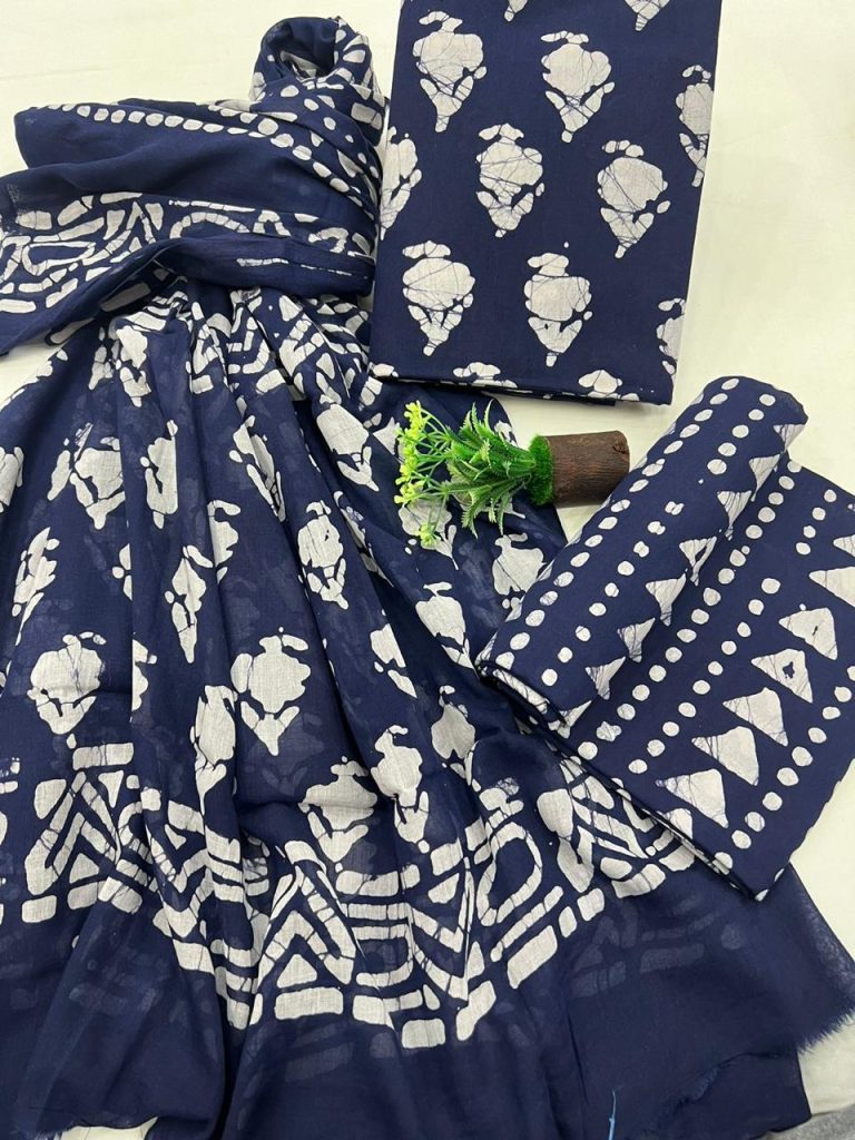 Navy blue cotton suit material online with mulmul dupatta