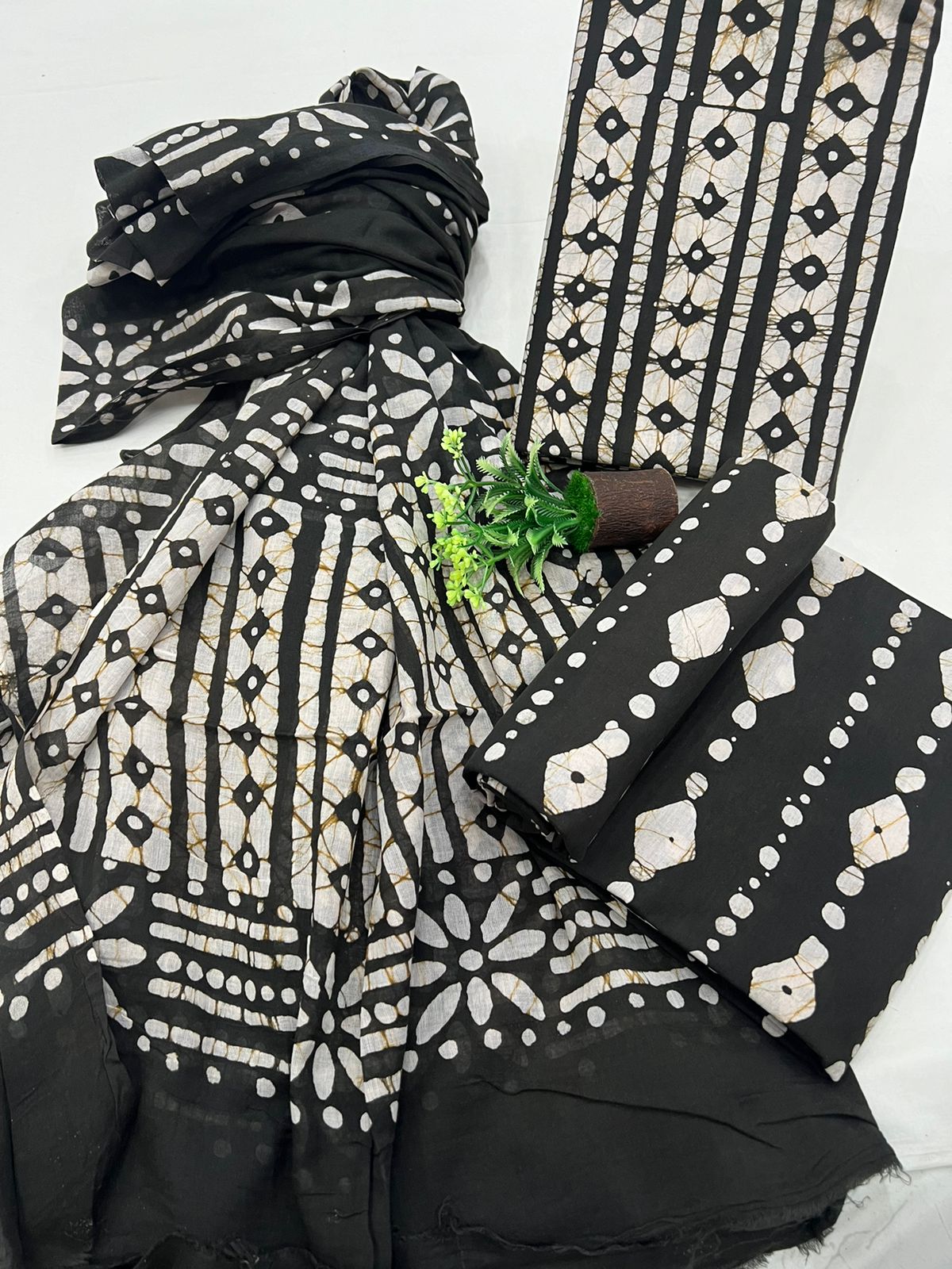 Black batik print cotton salwar suit material with cotton dupatta