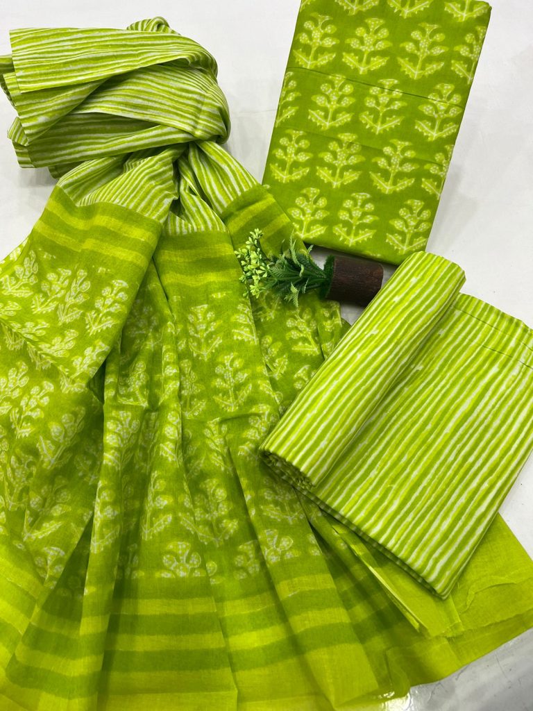 Bright green cotton online suits material with mulmul dupatta
