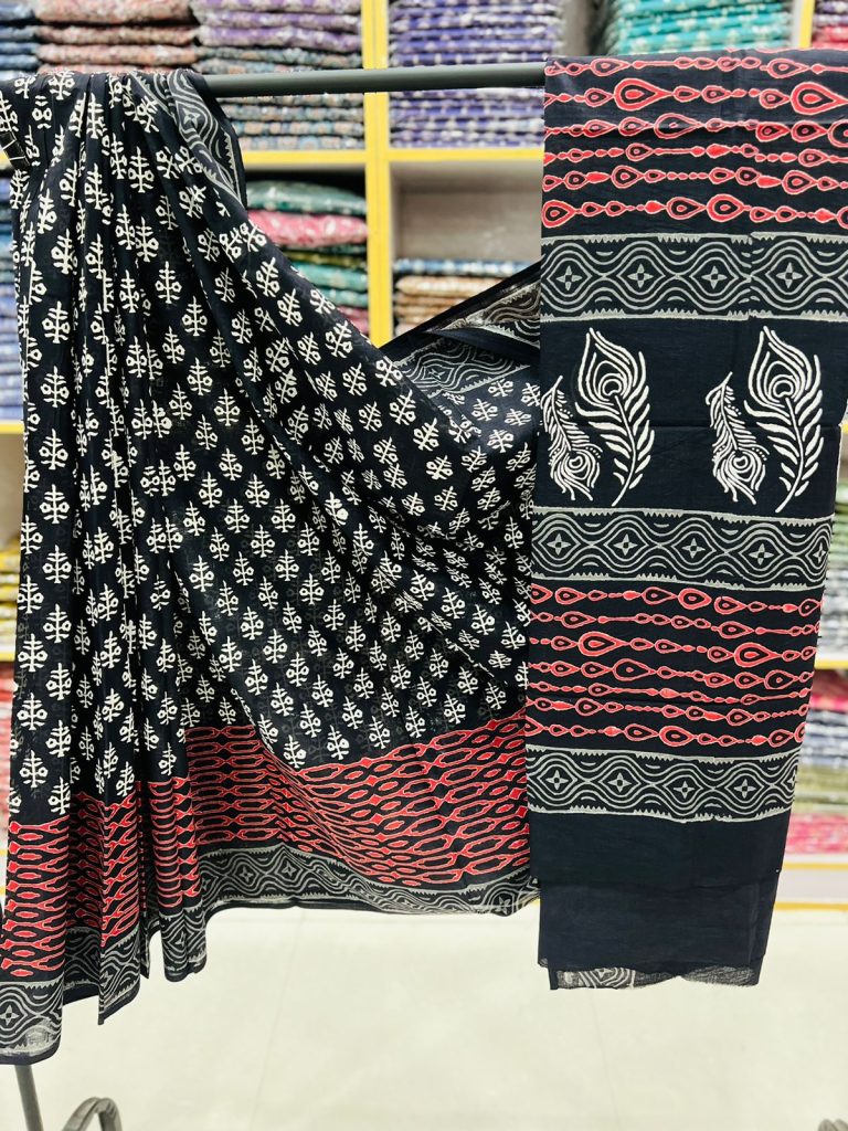 Black block print new arrival cotton sarees