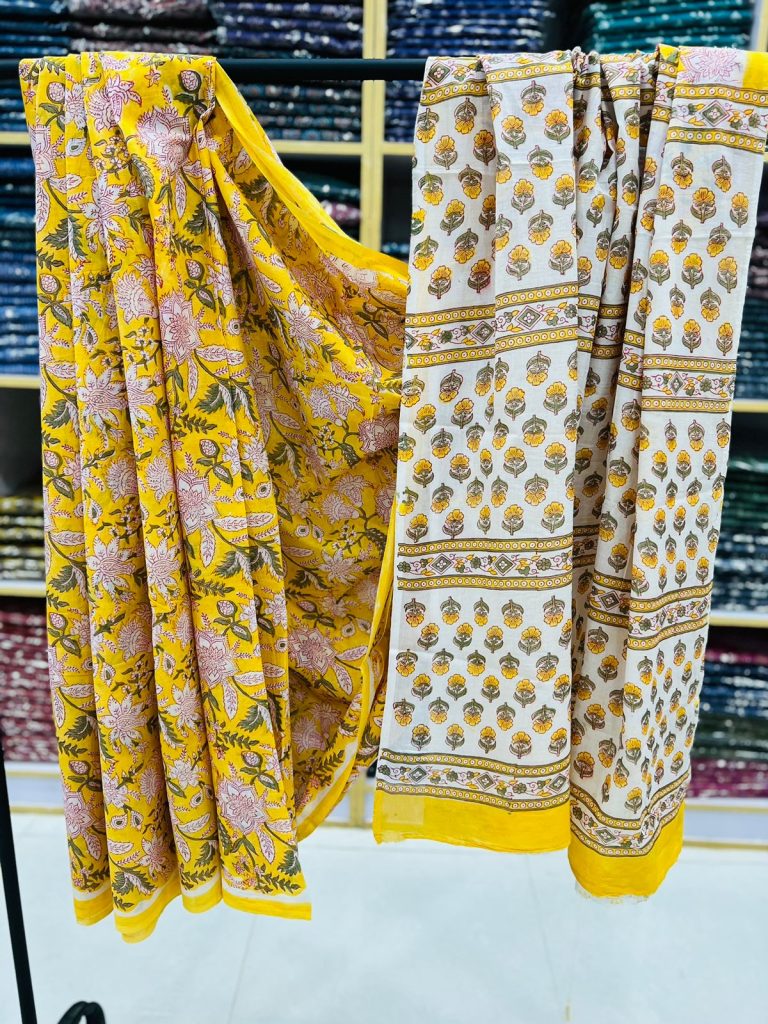 Canary yellow block print stylish cotton sarees