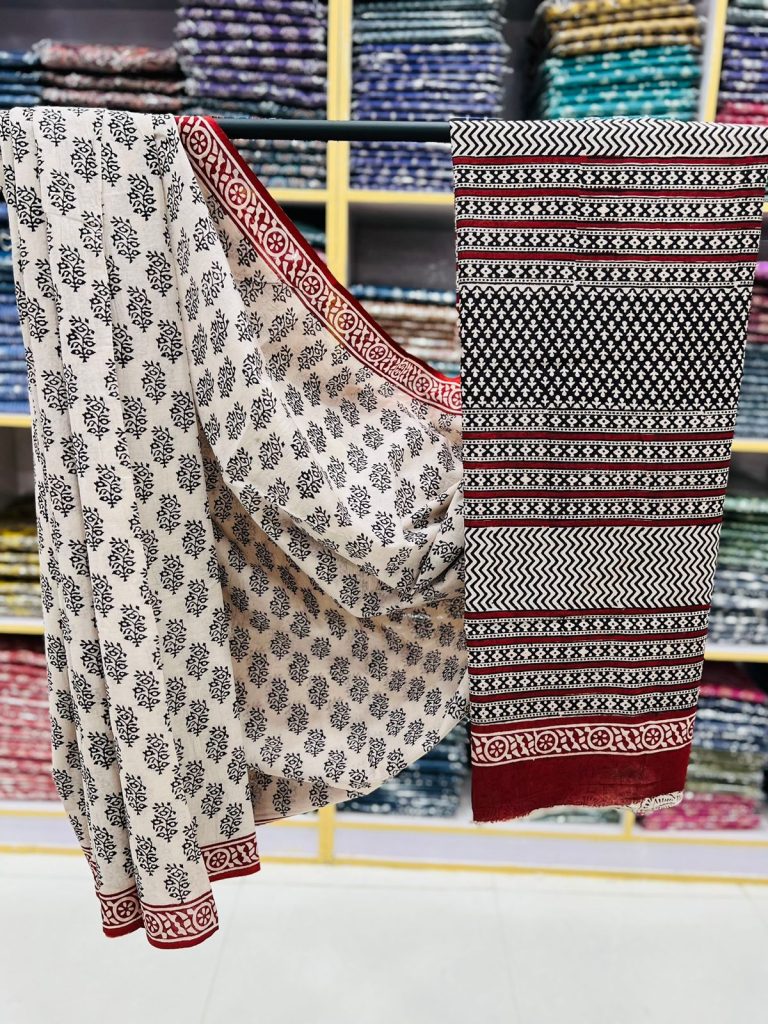 Alabaster bagru print pure cotton sarees