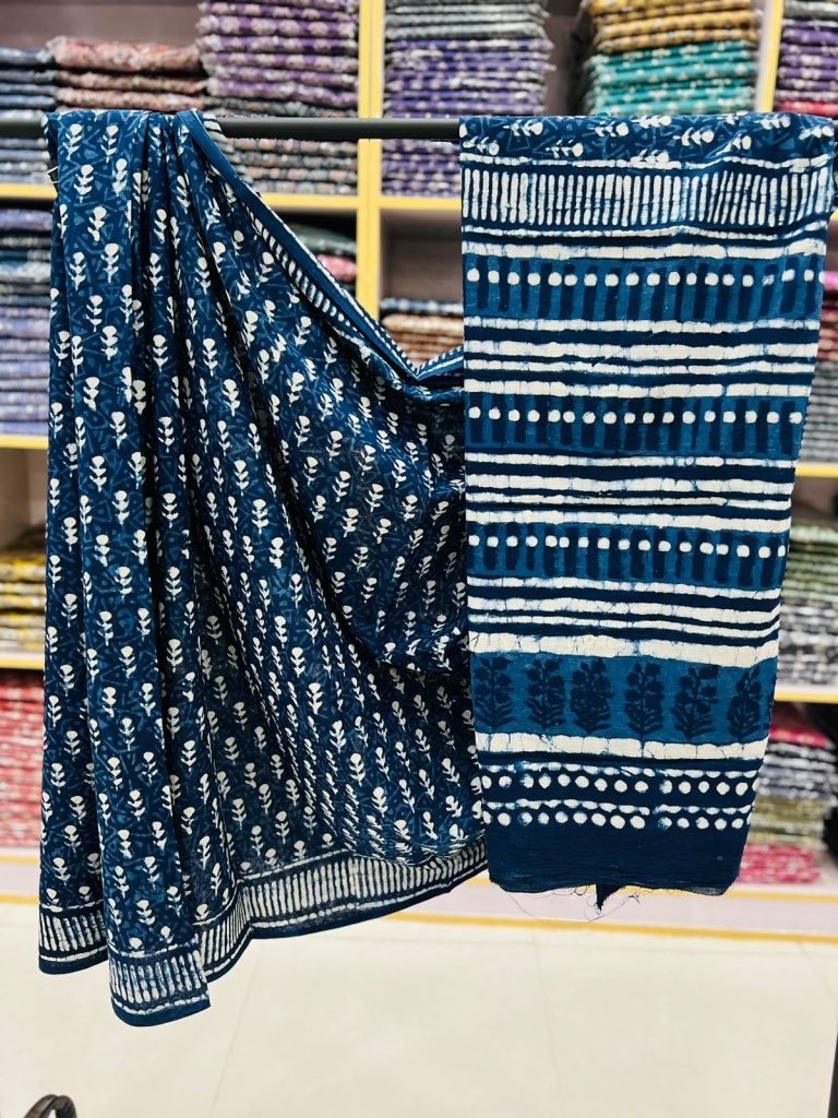 Indigo dabu print wholesale cotton sarees in jaipur