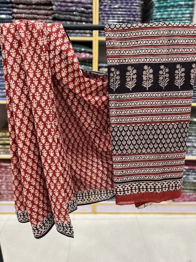 Carmine sanganeri print cotton sarees online india