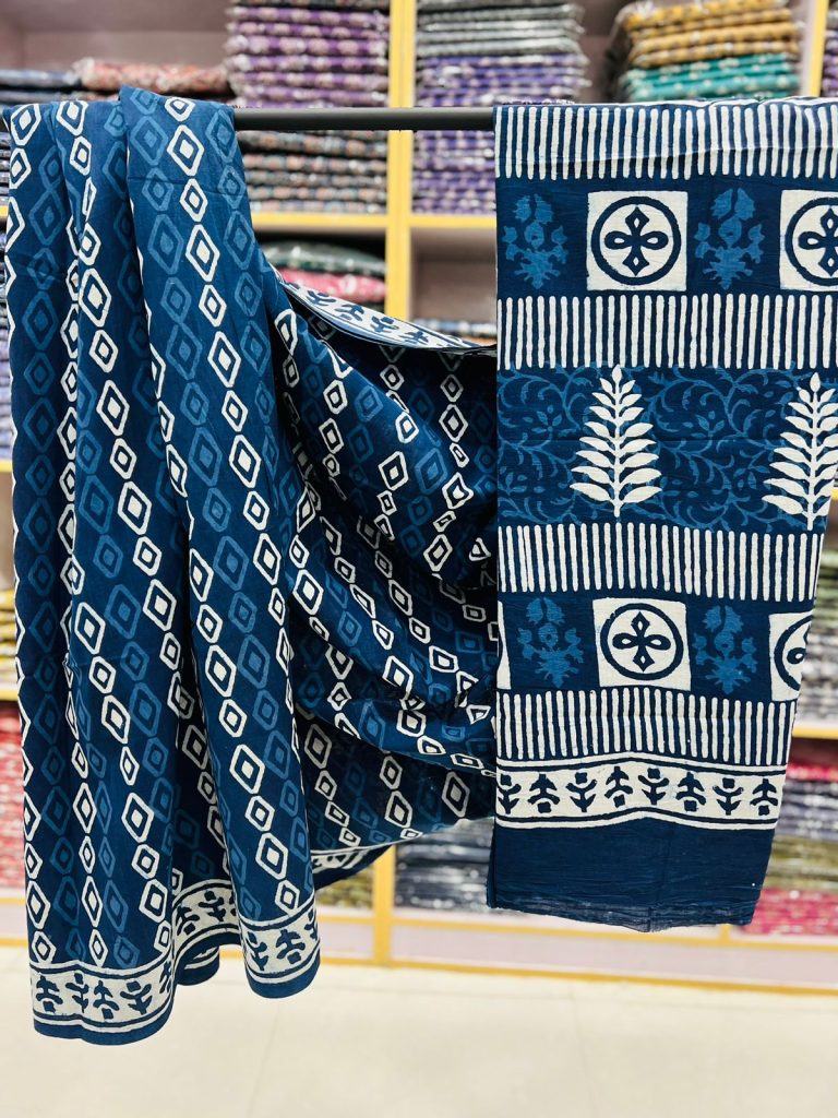 Indigo blue printed sarees cotton sarees