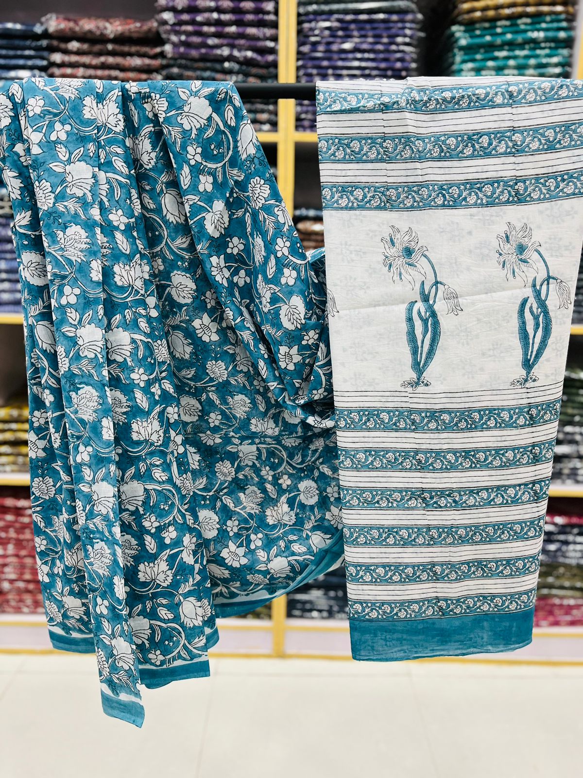 Blizzard blue printed ethnic cotton sarees