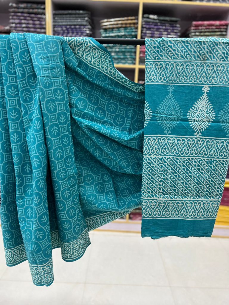 Blue green printed beautiful cotton sarees