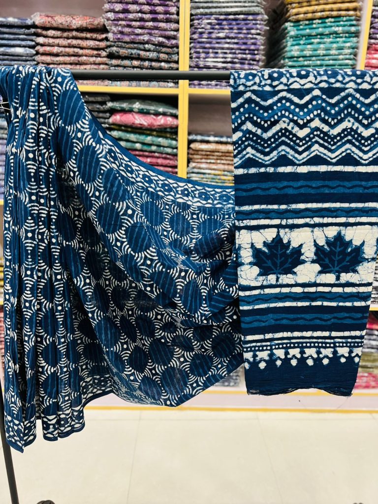 Indigo blue printed cotton sarees online purchase