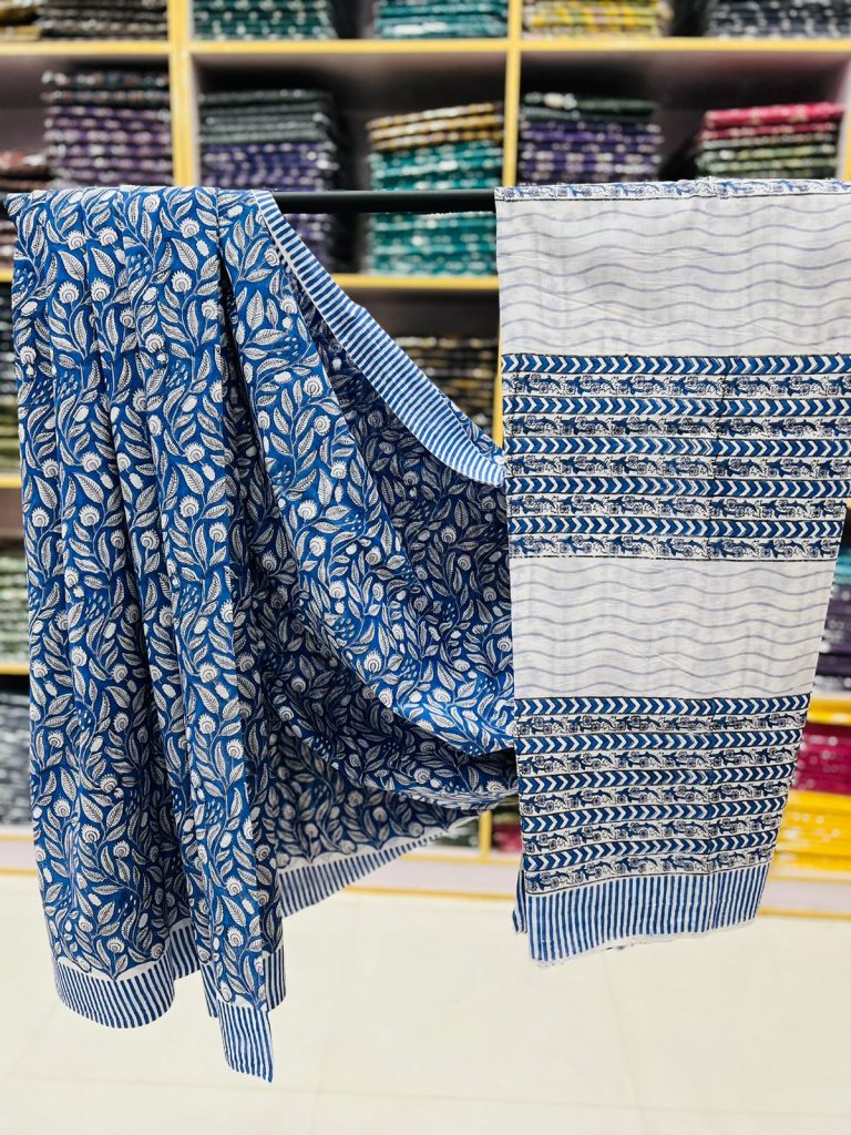 Persian blue printed modern cotton sarees