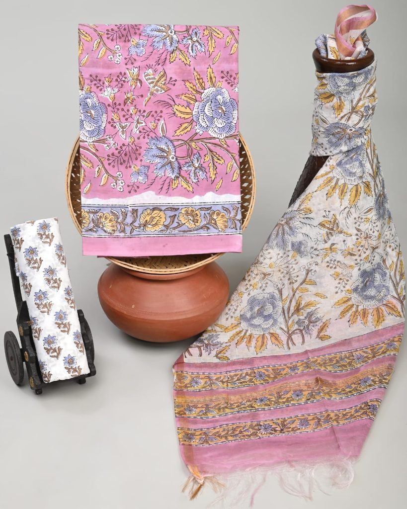 Carnation pink cotton jaipuri salwar suit online with chanderi cotton dupatta