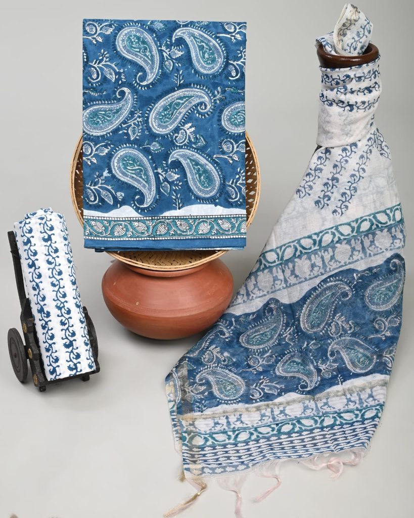 Midnight blue cotton jaipuri salwar suit paisley print design with chanderi cotton dupatta