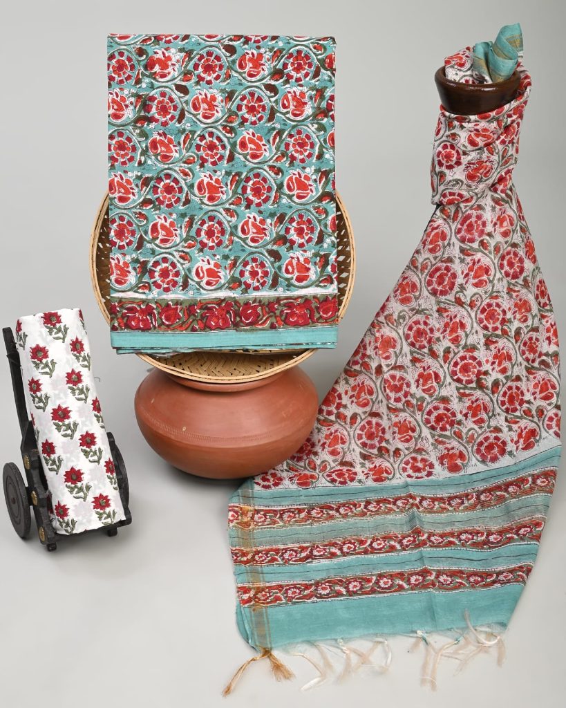 Pale turquoise unstitched printed patiala salwar suit with chanderi cotton dupatta