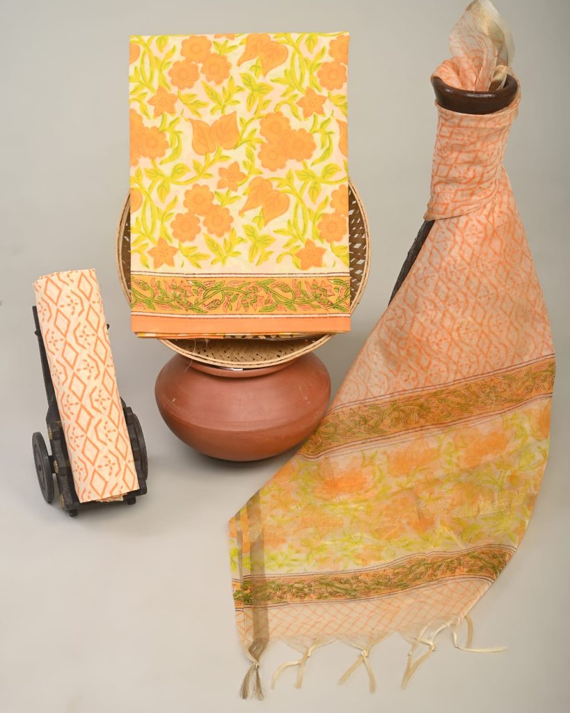 Cream yellow cotton dress material with organza zari dupatta