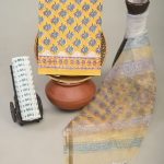 Mustard yellow cotton dress material with organza printed dupatta