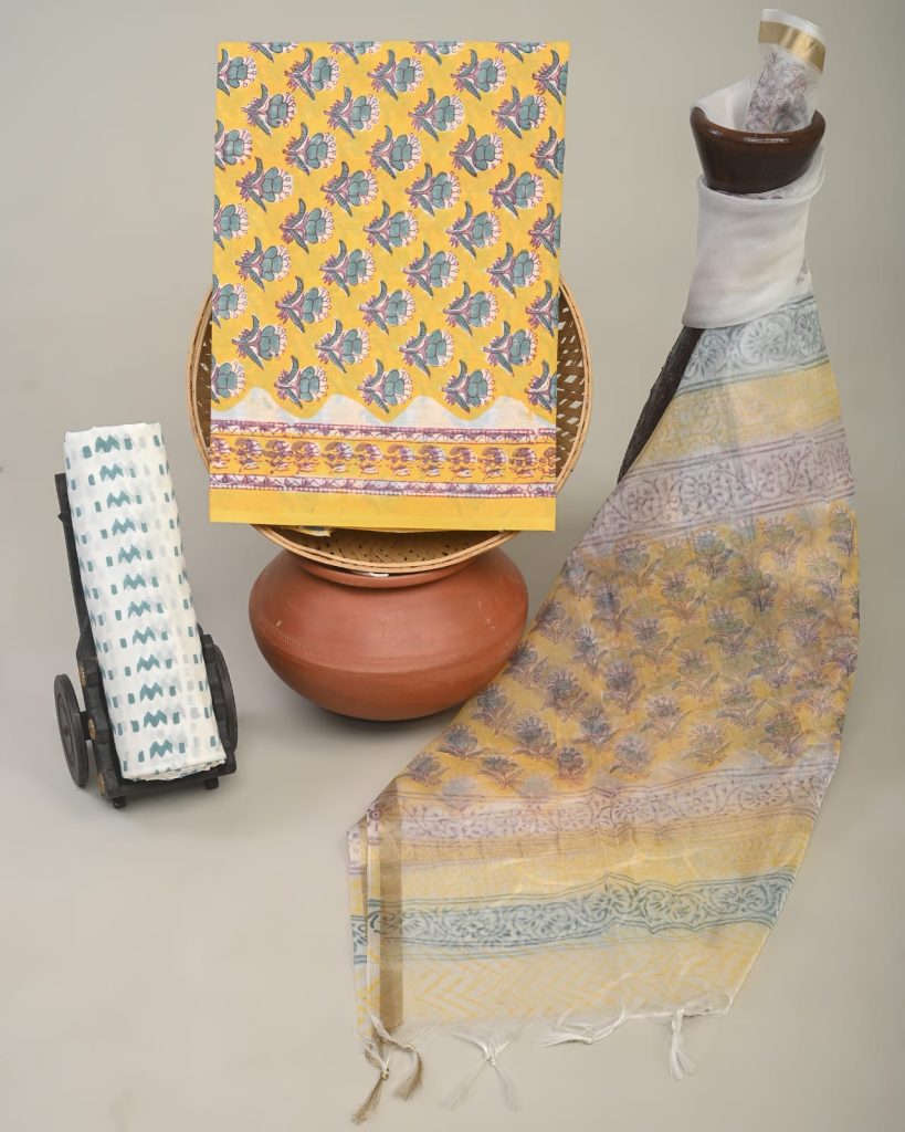 Mustard yellow cotton dress material with organza printed dupatta