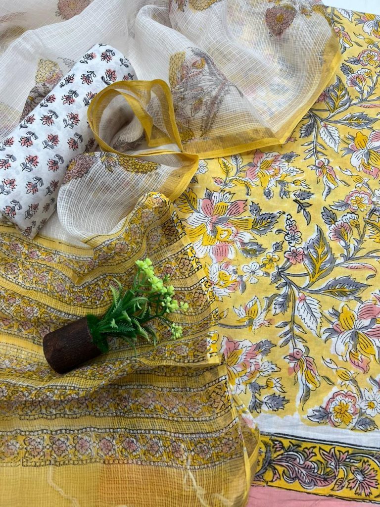 Canary yellow printed cotton online dress with kota doria dupatta