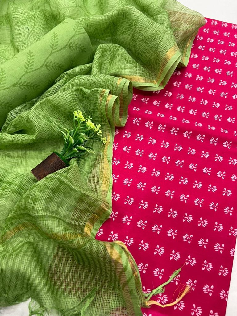 Amaranth unstitched cotton fabric online india with kota doria dupatta