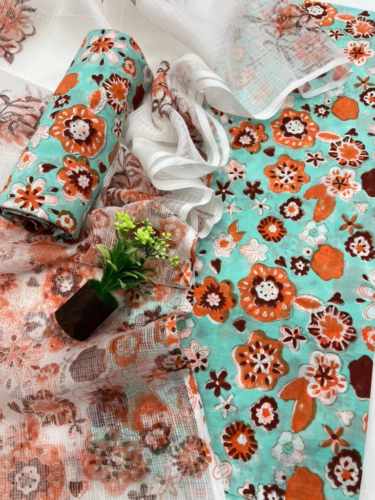 Aquamarine hand block printed cotton dress material with kota doriya dupatta in wholesale