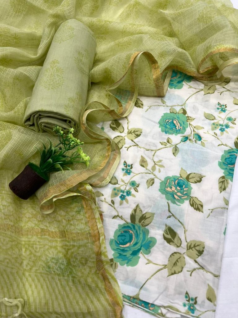Citron green and white buy online ladies cotton dress with kota doria dupatta