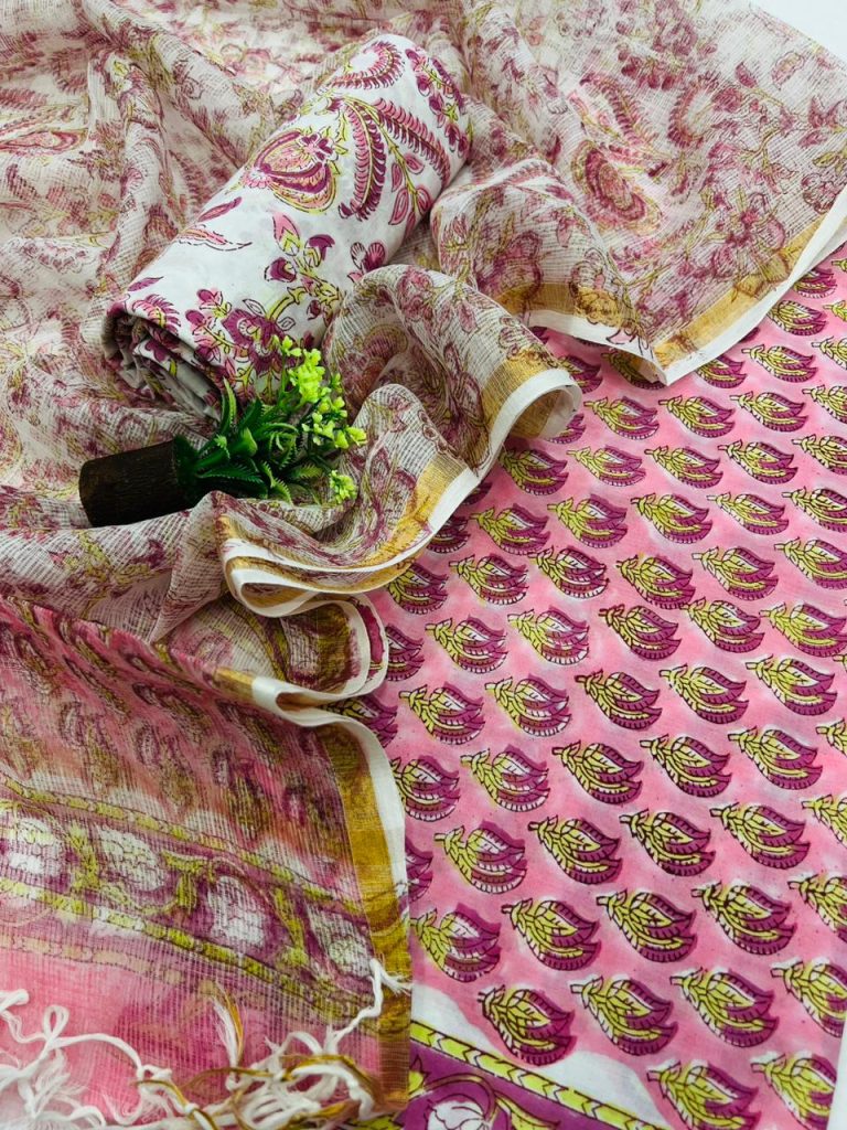 Hot pink Cotton candy buy wholesale printed suit with kota doria dupatta