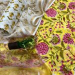 Lemon yellow block printed online dress material with kota doria dupatta