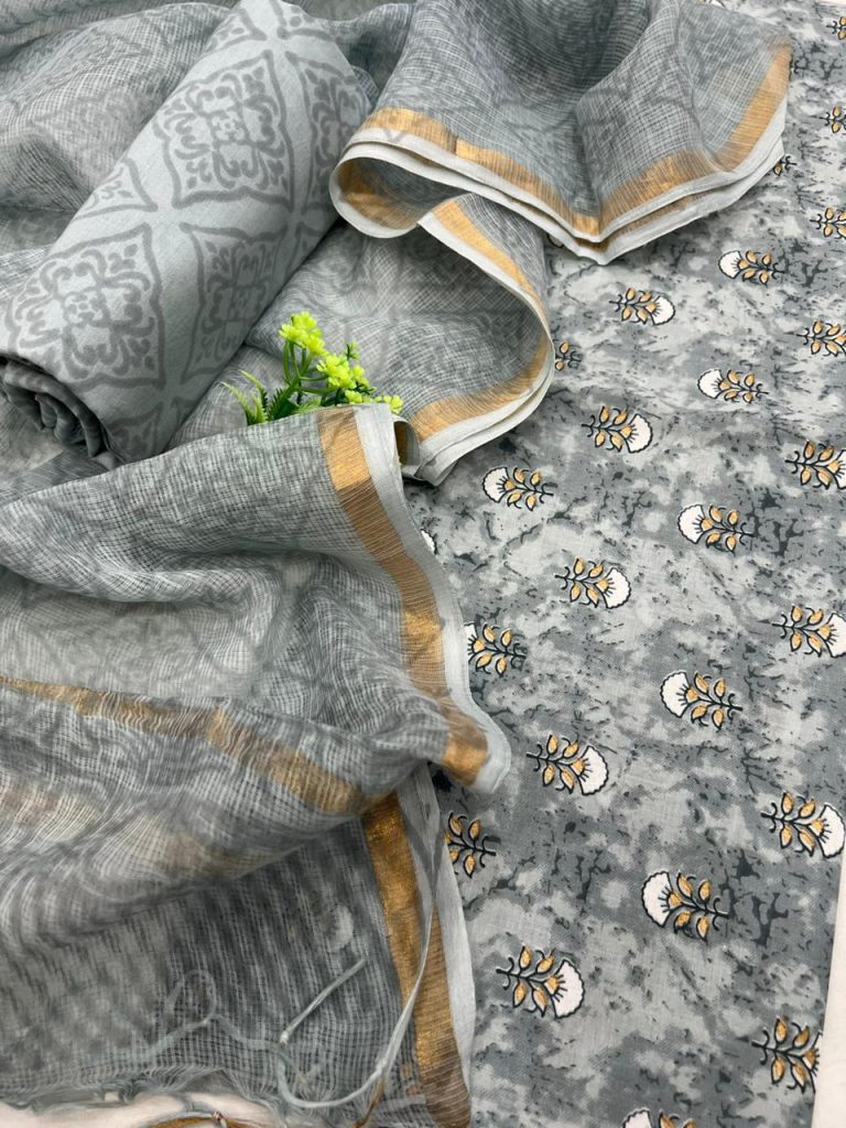 Gray nickle cotton unstitched dress material with kota doria dupatta