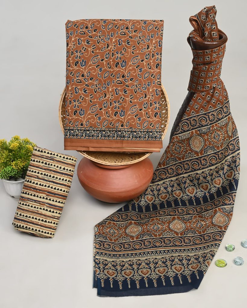 Brown block print ethnic dresses for women with cotton dupatta