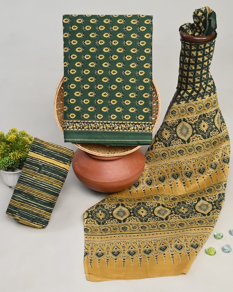 Fern green bagru print cotton fabric online with cotton dupatta