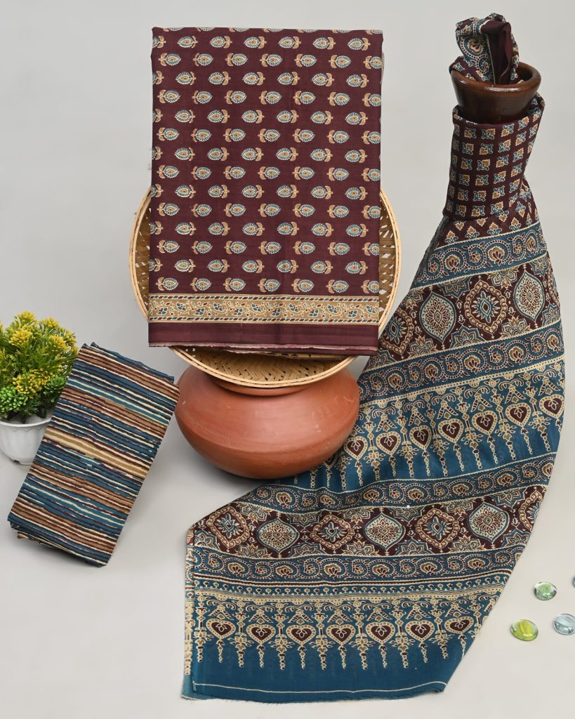 Persian plum jaipuri block print cotton suit with cotton dupatta