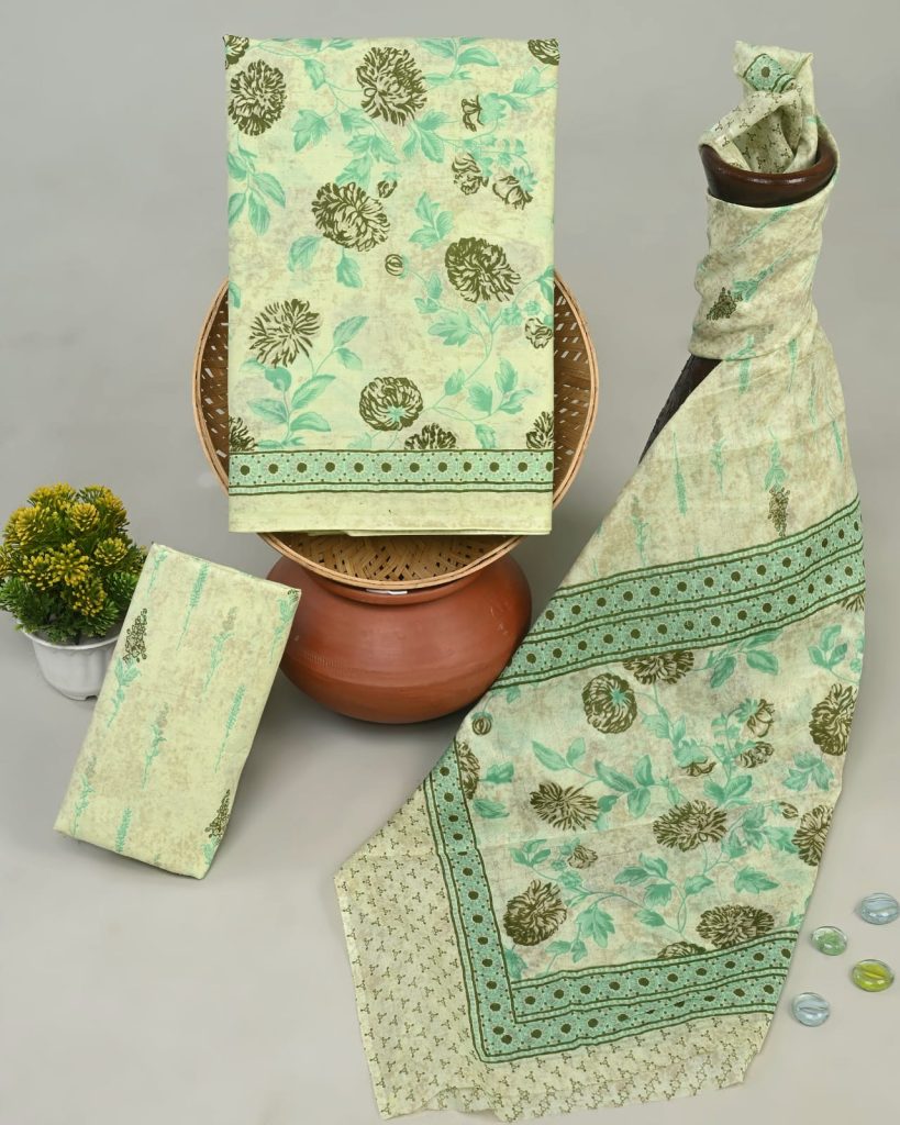 Celadon green cotton dress materials with cotton dupatta