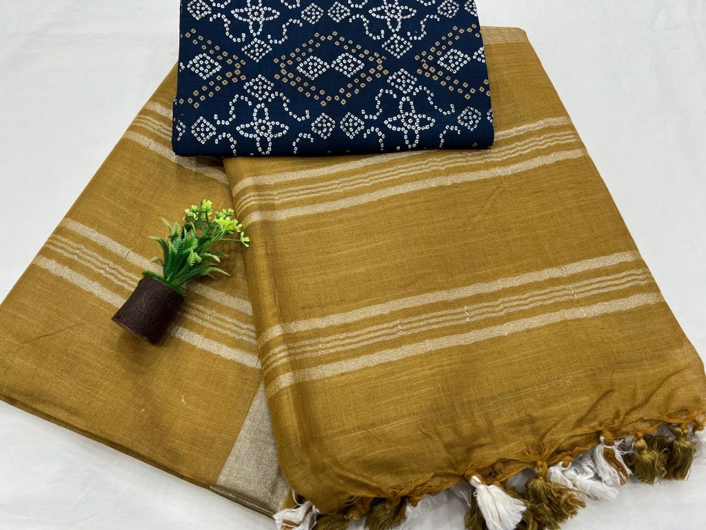 Goldenrod plain linen saree at online with printed cotton blouse