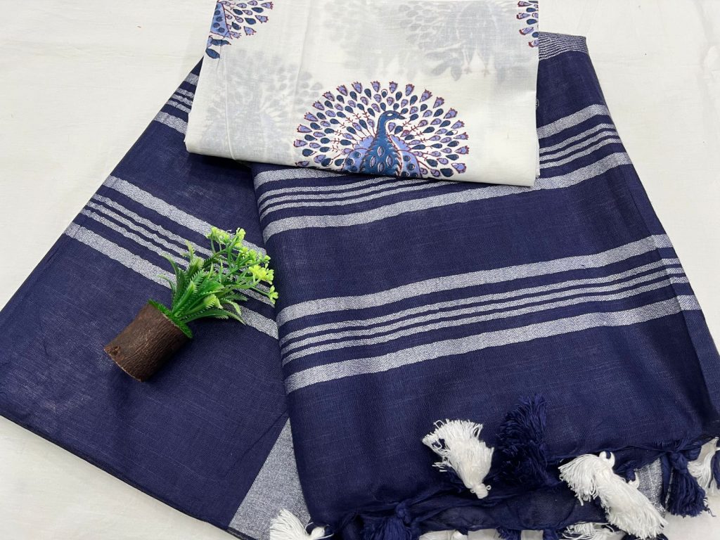 Blue Ribbon plain linen saree shop in jaipur with printed cotton blouse