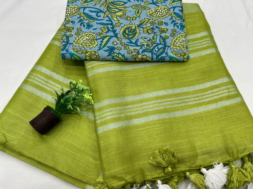 Bitter lemon plain linen jaipur saree with printed cotton blouse