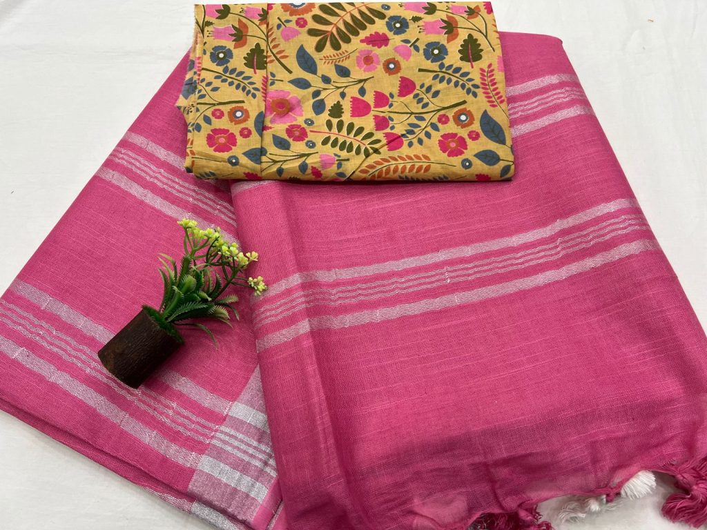 Blush linen plain jaipuri sarees in low price