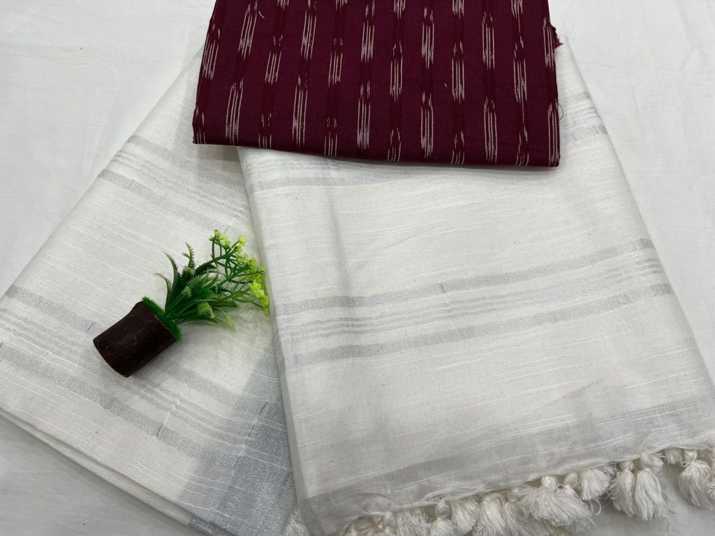 Plain white linen saree with printed cotton blouse