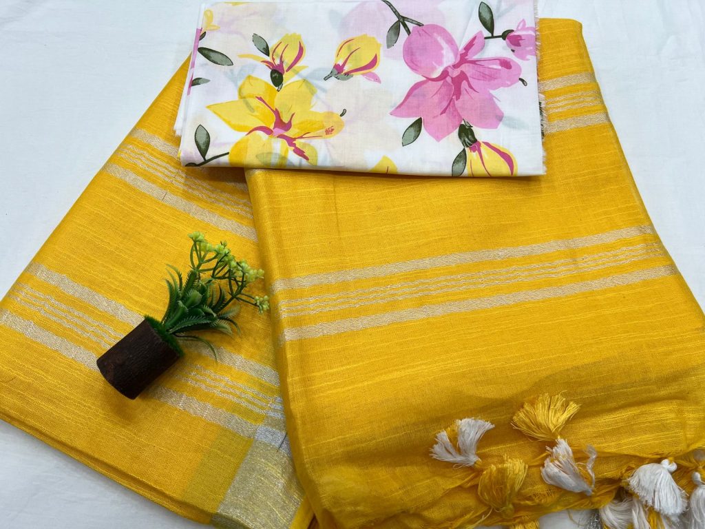 Canary yellow office wear plain linen saree