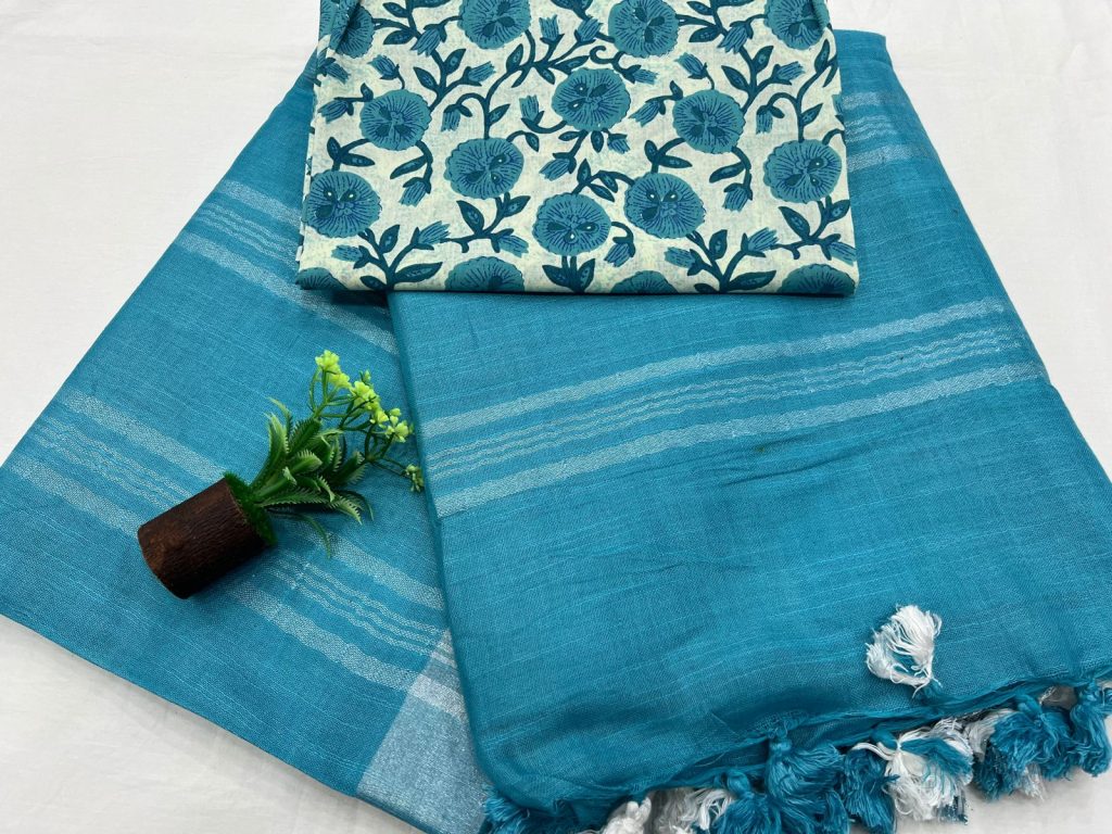 Aero plain linen saree with printed blouse piece