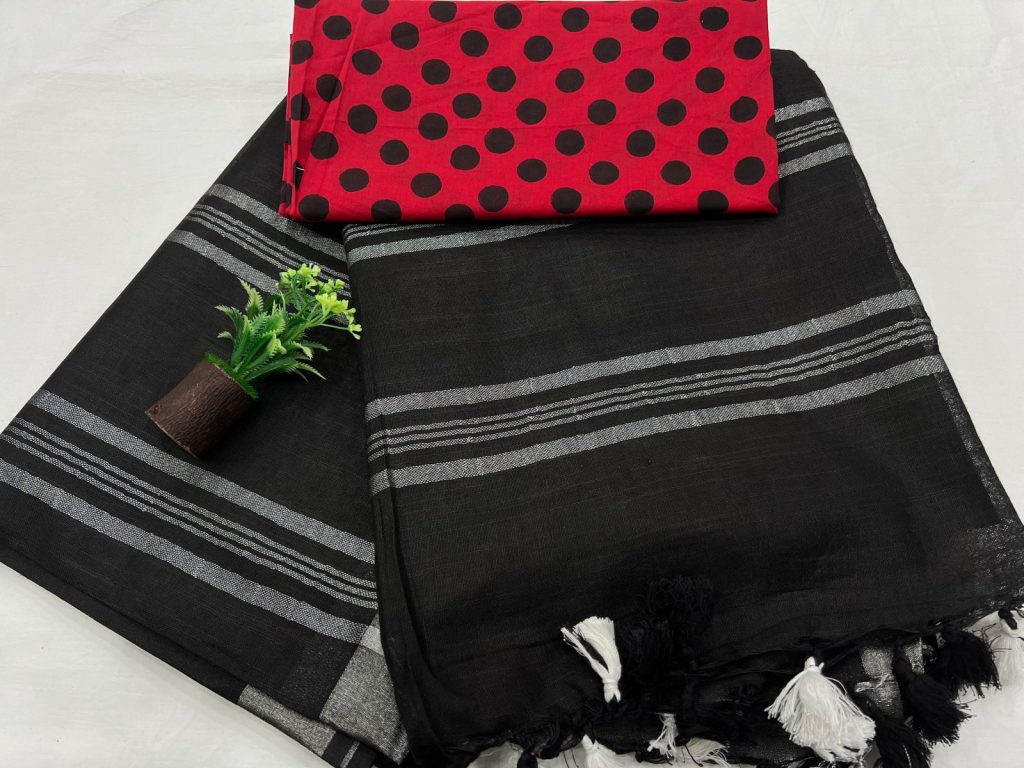Black plain linen saree with red blouse