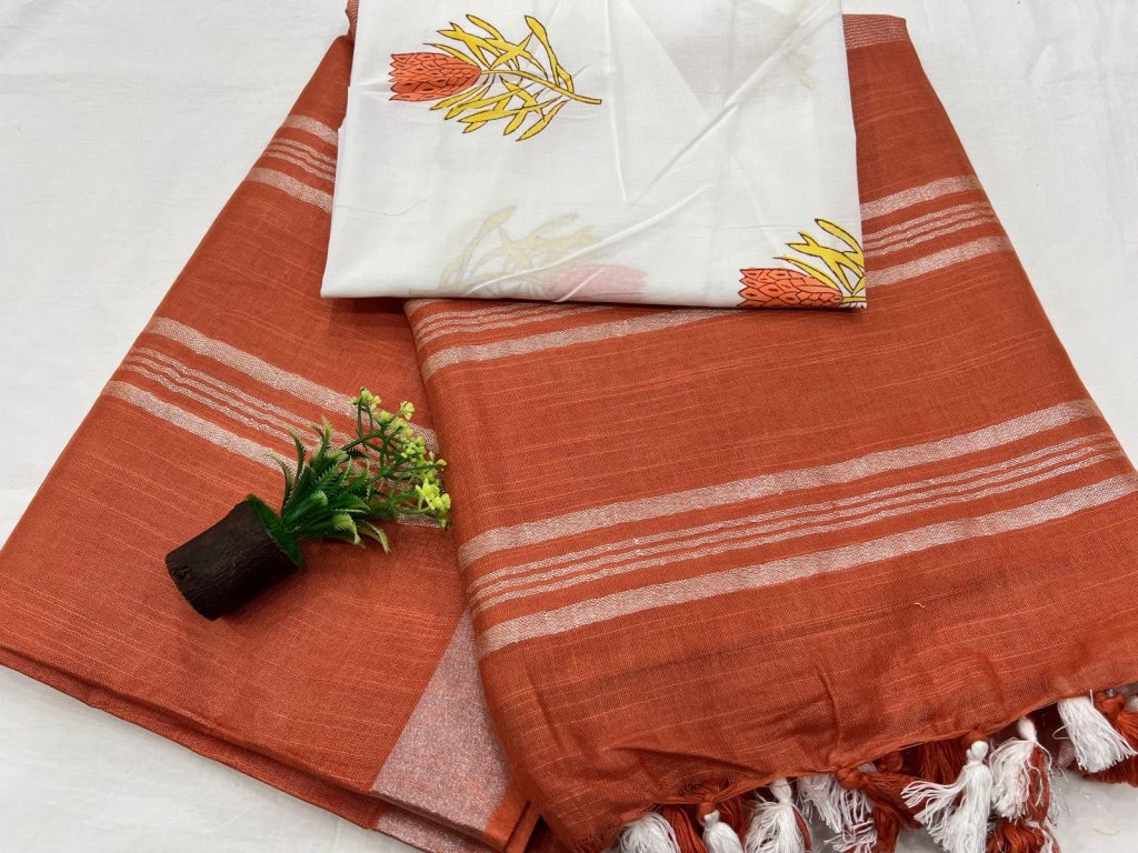 Mahogany latest plain linen saree with white printed blouse