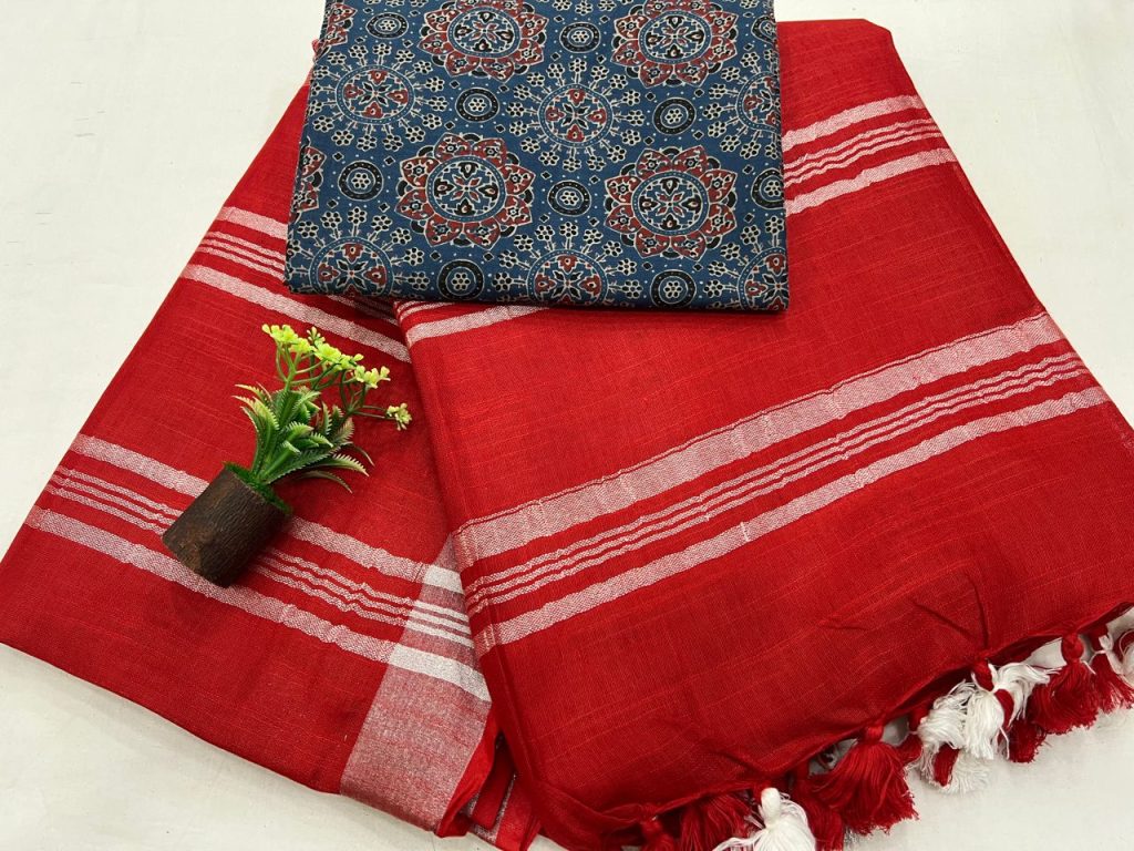 Crimson affordable plain linen saree with blouse