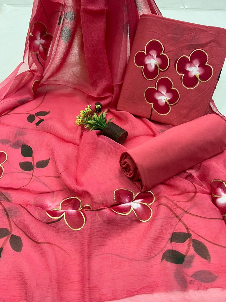 Brick red women hand painted dress material with chiffon dupatta