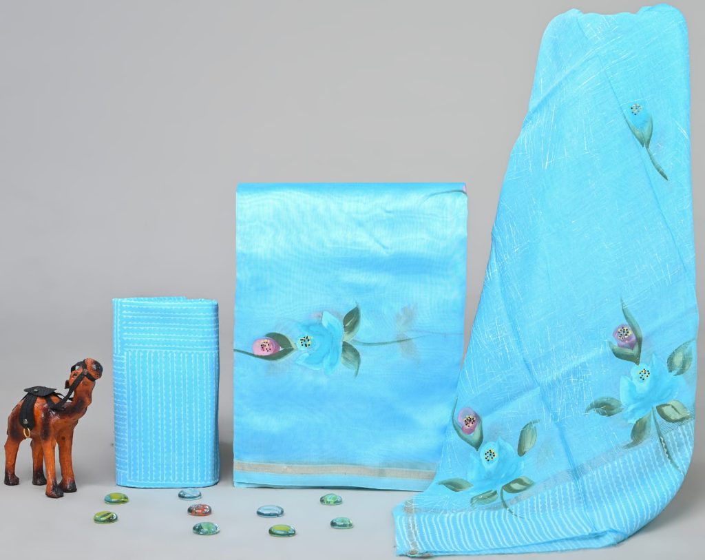 Deep sky blue hand painted chanderi Dress material design image