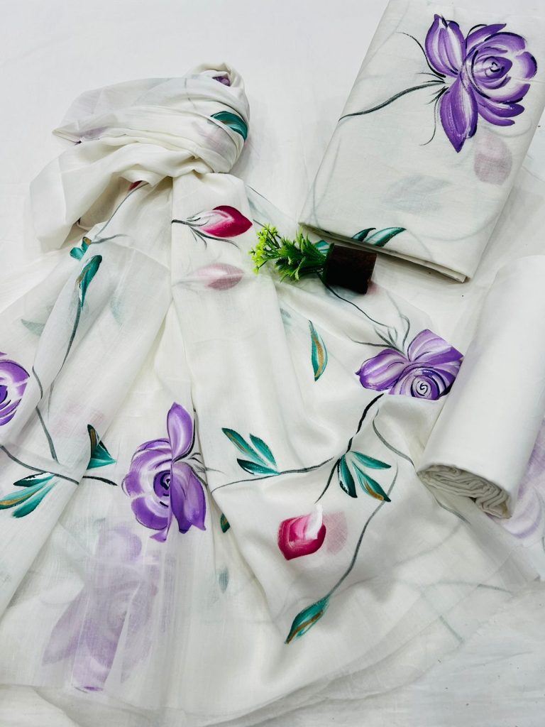 White cotton dress material hand painted design