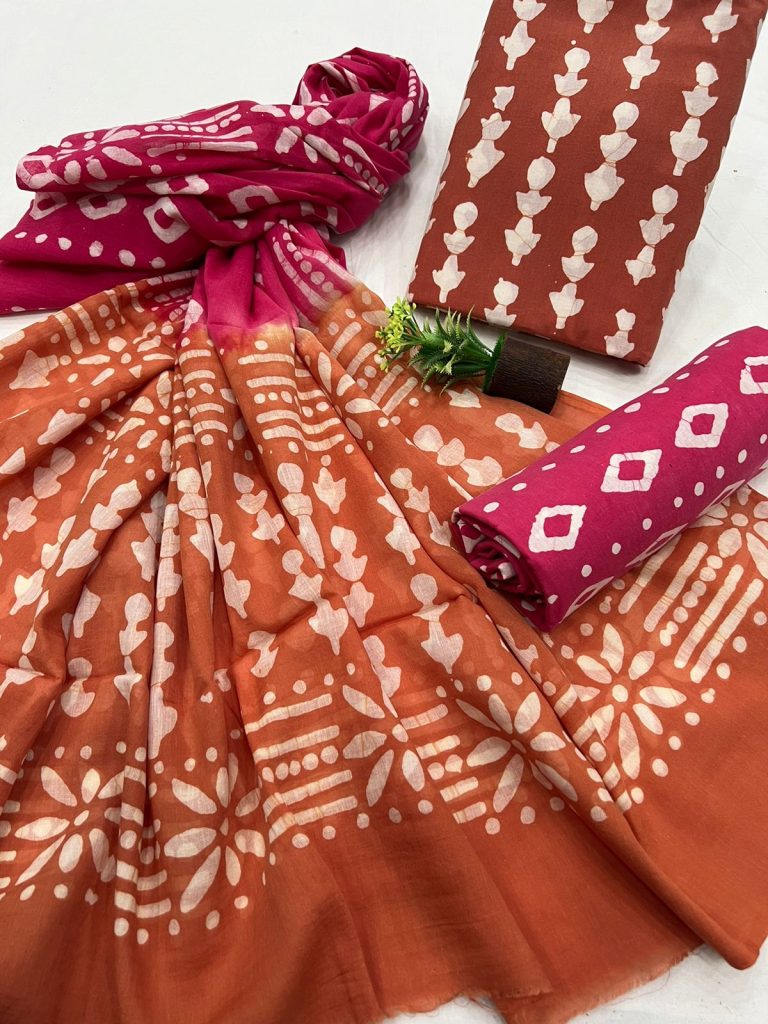Burnt orange dabu print cotton suits materials with cotton dupatta