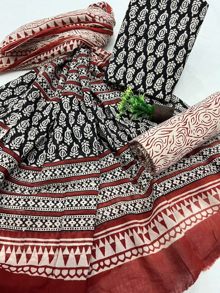 Black bagru print latest dress materials with mulmul dupatta