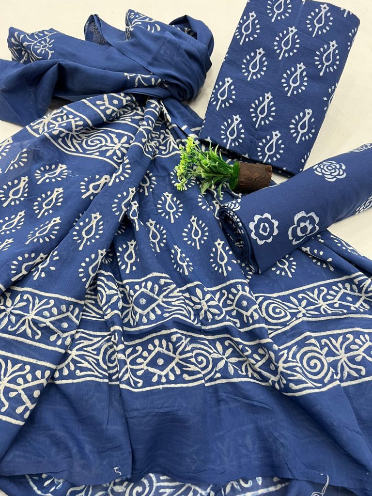 Cotton Indigo blue ladies salwar kameez with mulmul dupatta