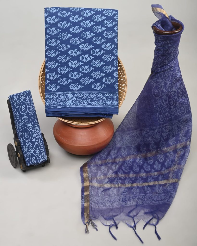 Cobalt blue printed cotton dress material with organza dupatta