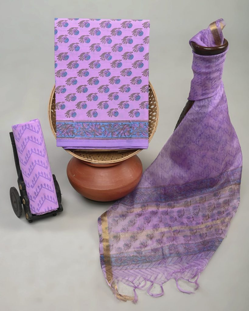 Lavender printed cotton suit with organza dupatta