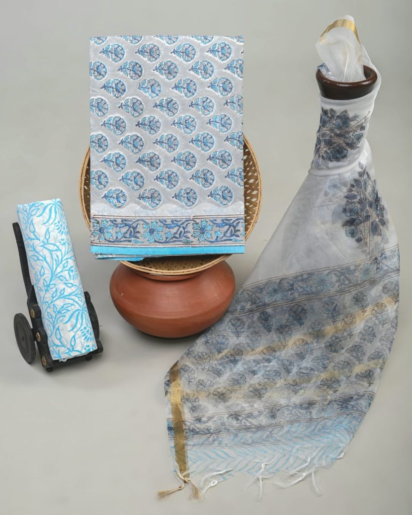 Light silver and blue printed cotton suit with organza dupatta