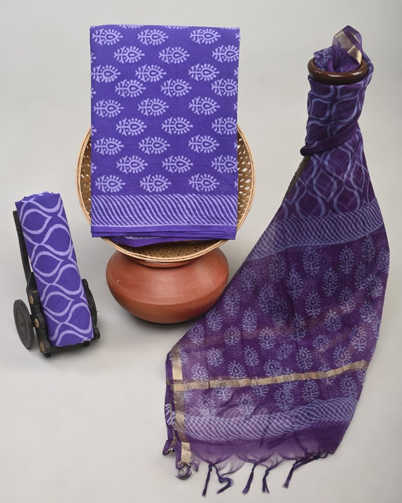 Poison Purple cotton dress material with organza dupatta